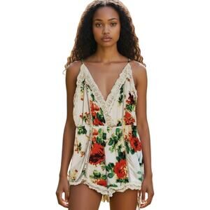 Dainty Lace Floral Rose Strappy Vacation Summer Romper - Small